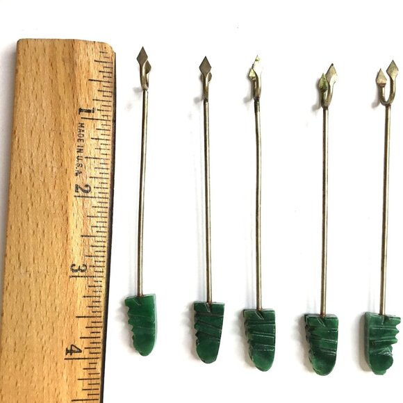 Vintage Jade or Malachite Cocktail Picks Set of 5 – Carved Stone Cocktail Picks - Picture 2 of 7
